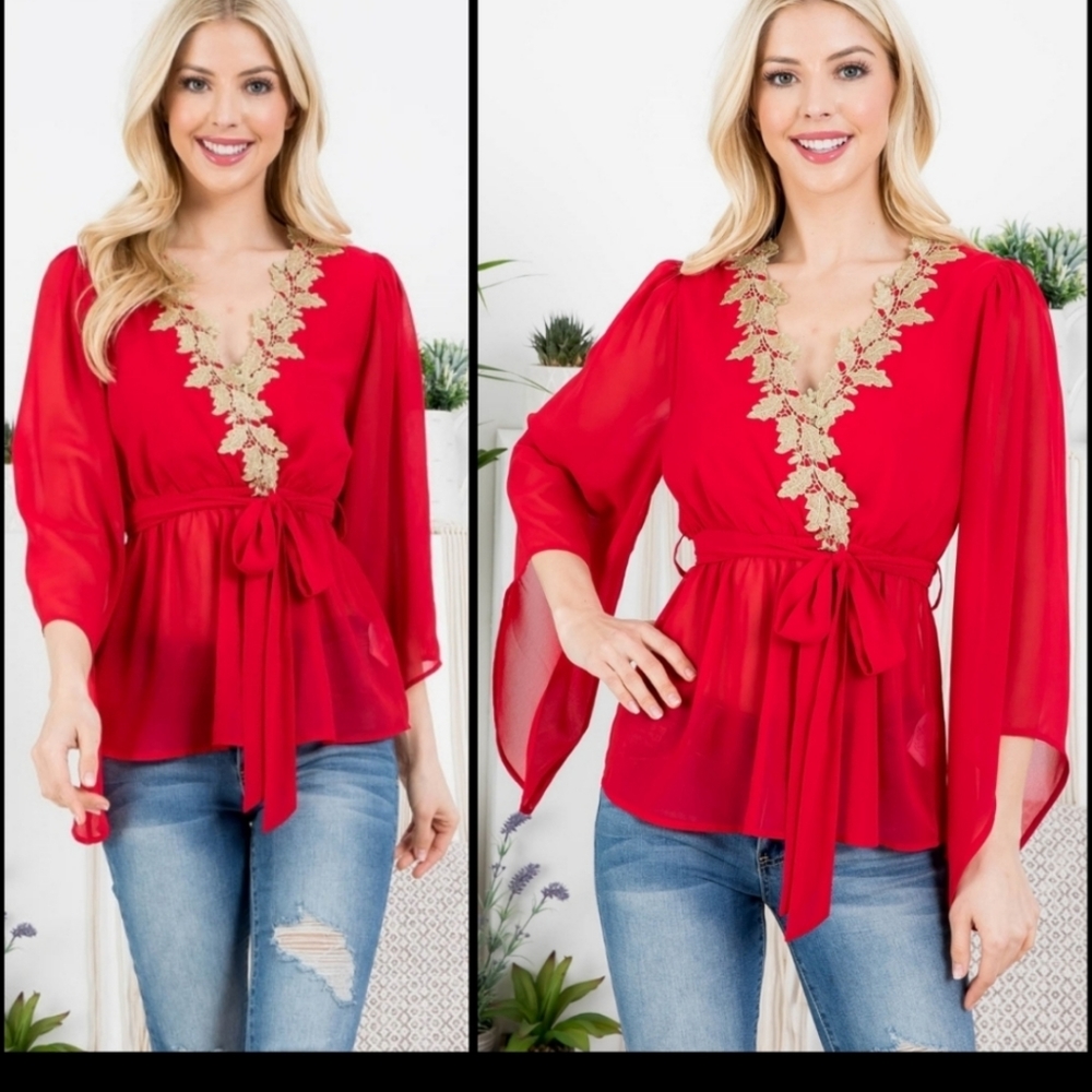 Chiffon-Like Red Top with Bell Sleeves and Gold Details around Neckline - Picture 5 of 11
